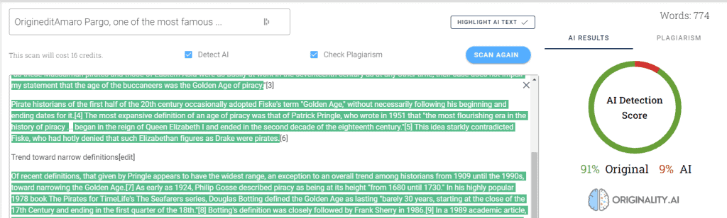 Originality.AI detected that the content is 91% original