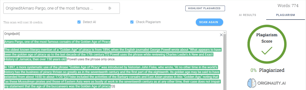 Originality.AI detected that the content is 0% plagiarized