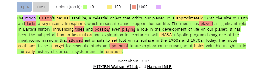 GLTR test result detecting AI-generated texts