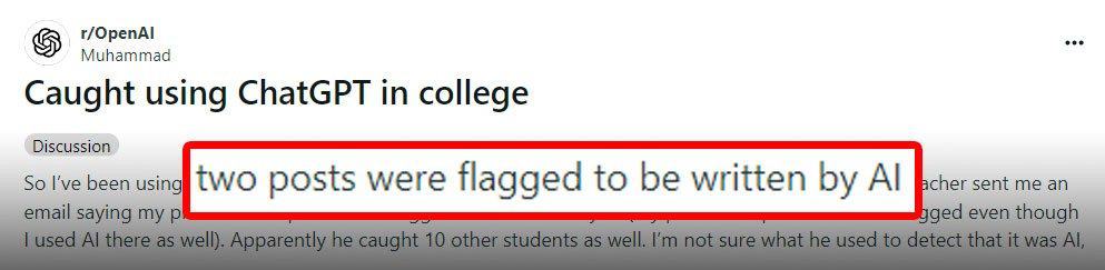 The Reddit user said, "two posts were flagged to be written by AI"