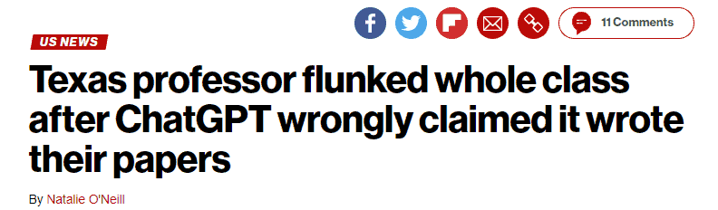 US News headline: Texas professor flunked whole class after ChatGPT wrongly claimed it wrote their papers