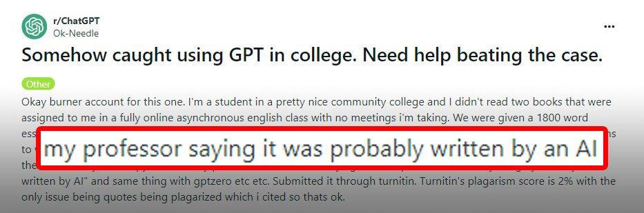 The Reddit user stated, "My professor saying it was probably written by an AI"