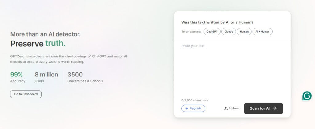 Screenshot of the GPTZero tool dashboard