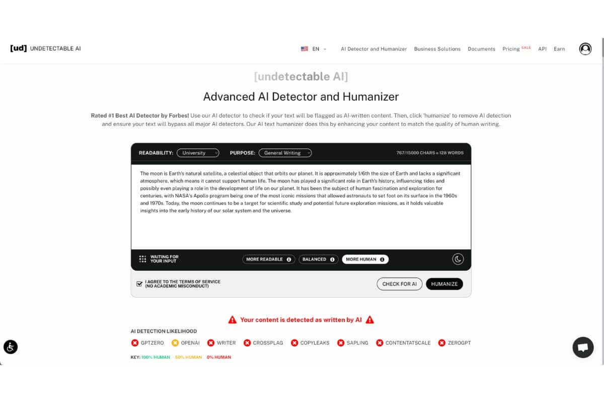 The content was detected as written by AI with Undetectable AI