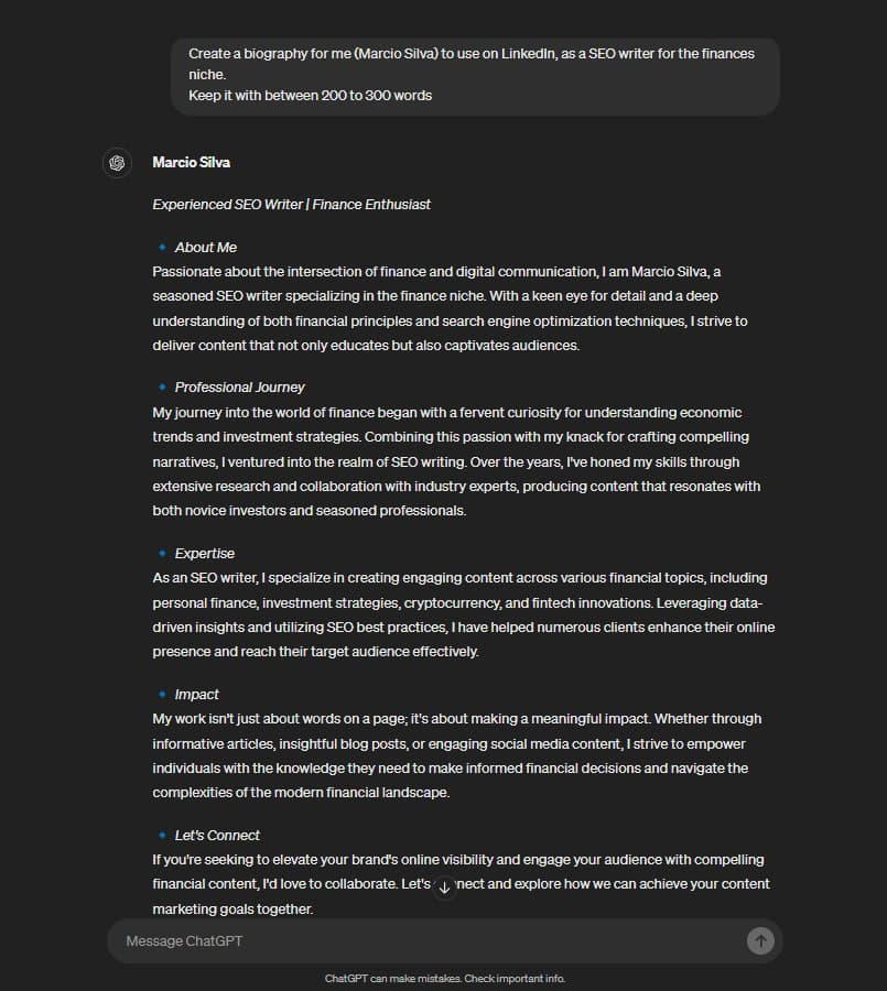 O ChatGPT fornece um resultado para criar uma biografia para Marcio Silva no LinkedIn como um redator de SEO
