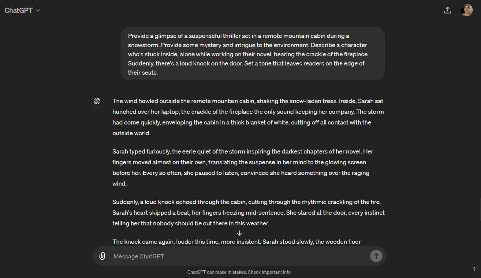 ChatGPT result when asked to do creative writing and storytelling