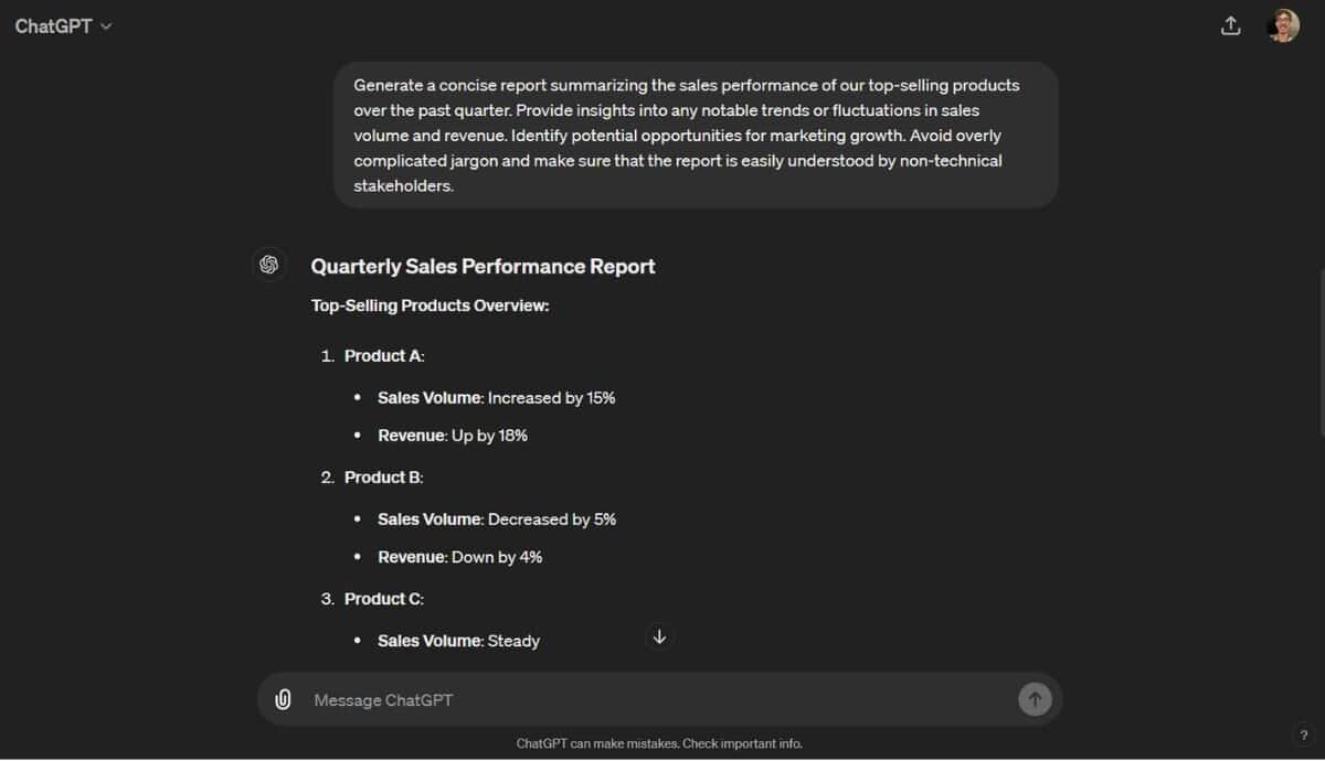 ChatGPT result when asked to summarize a sales performance report
