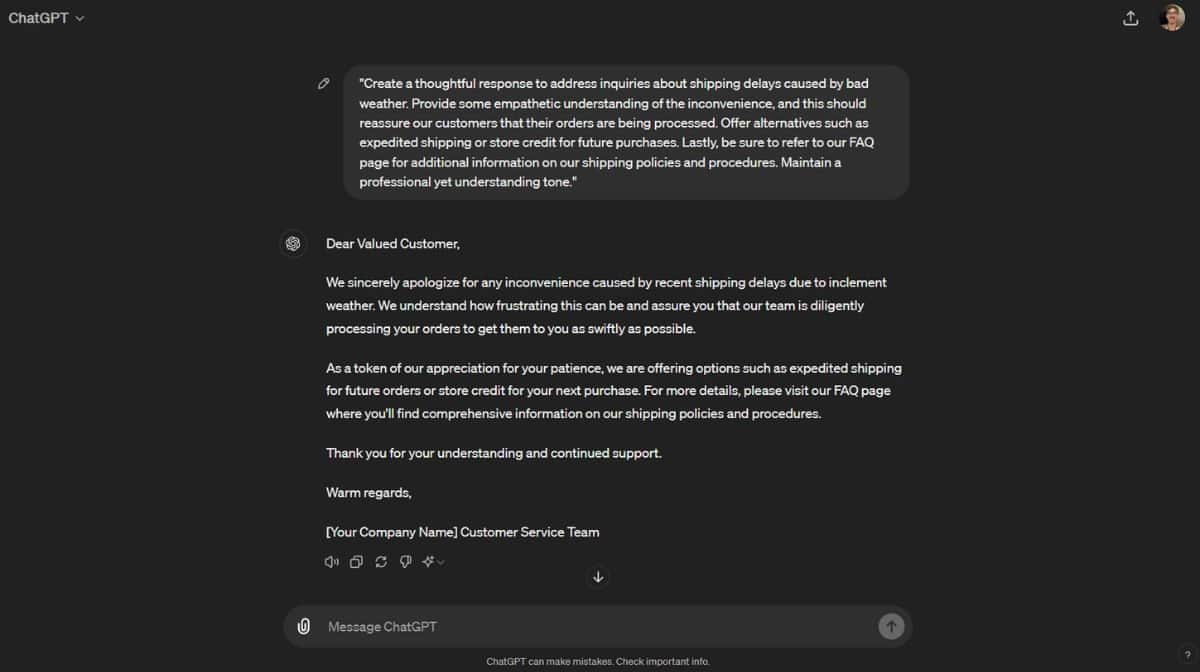 ChatGPT result when asked to create a thoughtful response to an inquiry by a customer