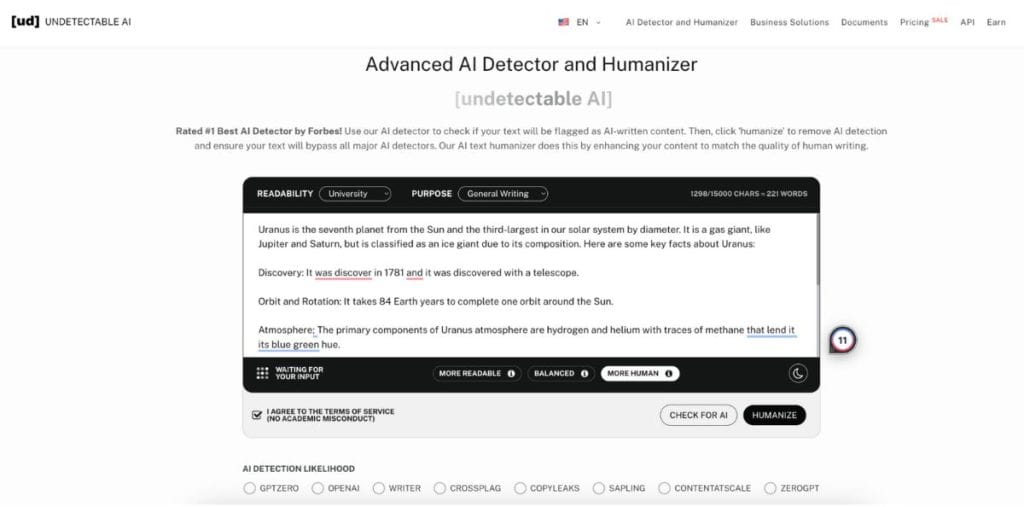 Text is pasted on Undetectable AI's AI Detector and Humanizer interface