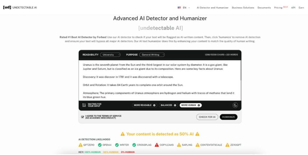 The content was detected as 50% AI-generated with Undetectable AI's AI Detector