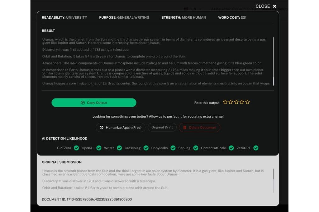 Undetectable AI's Humanizer output