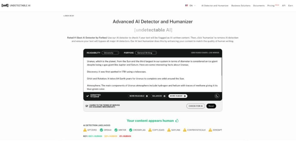 The content was detected as written by human with Undetectable AI's AI Detector