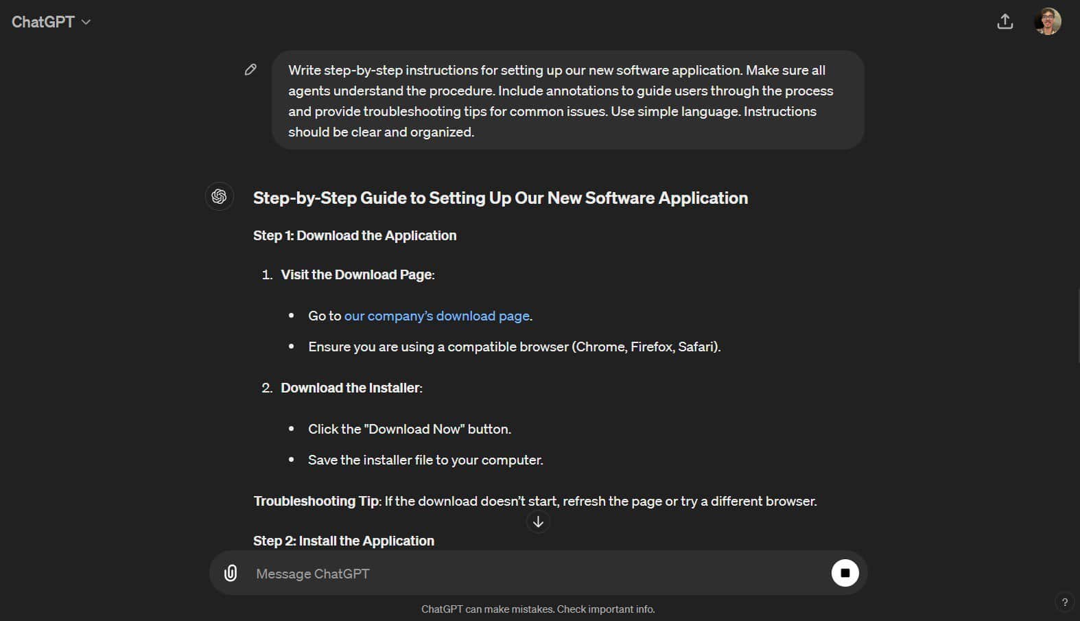 ChatGPT result when asked to write a technical documentation