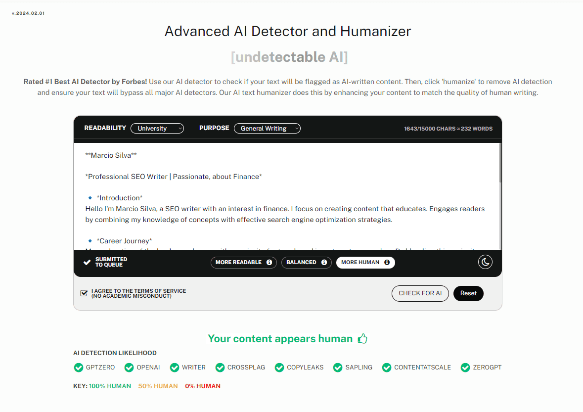 A biografia humanizada foi detectada como escrita por um humano com o Detector de IA e o Humanizador da Undetectable AI