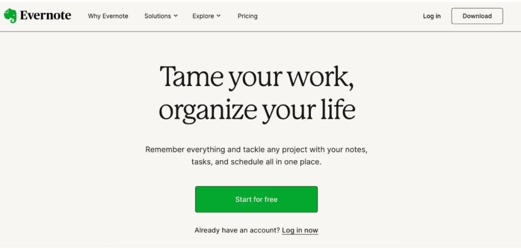 Evernote homepage