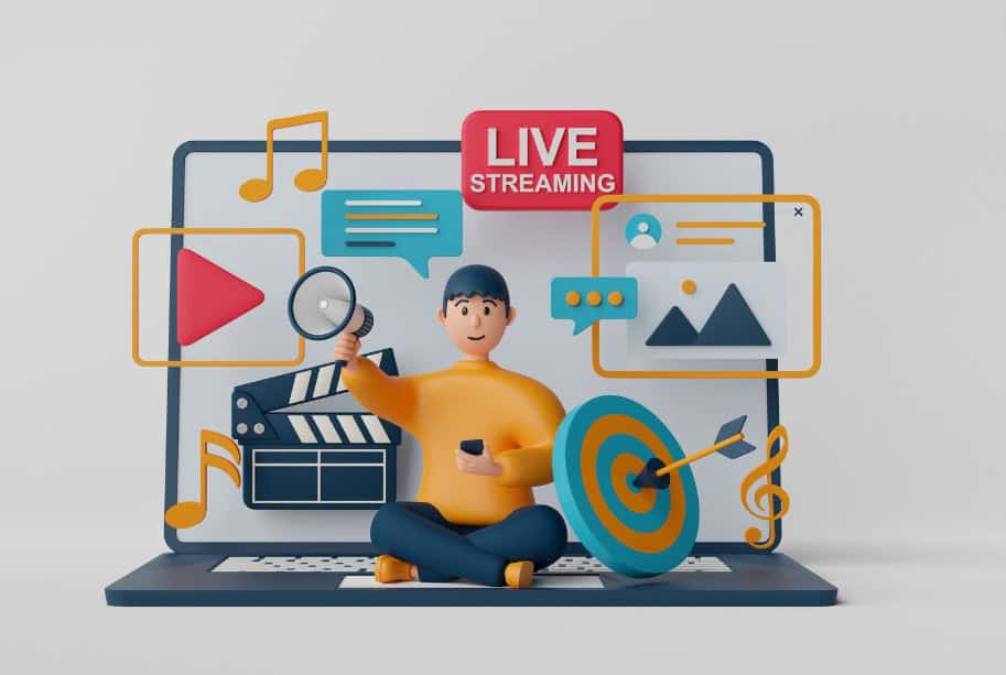 A graphic art of a human character doing an online live streaming