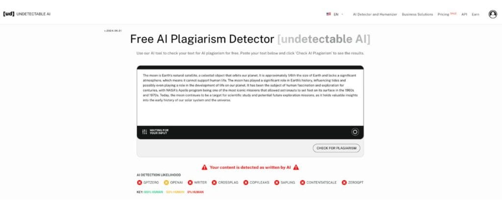 Der Inhalt wurde mit dem Undetectable AI's Plagiarism Checker als von AI geschrieben erkannt