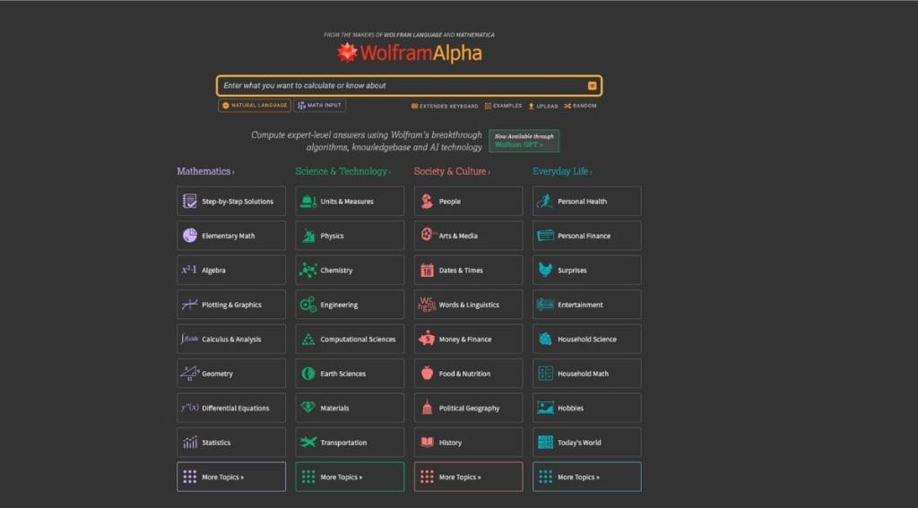 WolframAlpha homepage