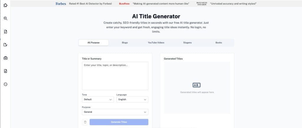 Screenshot of Undetectable AI’s AI Title Generator feature
