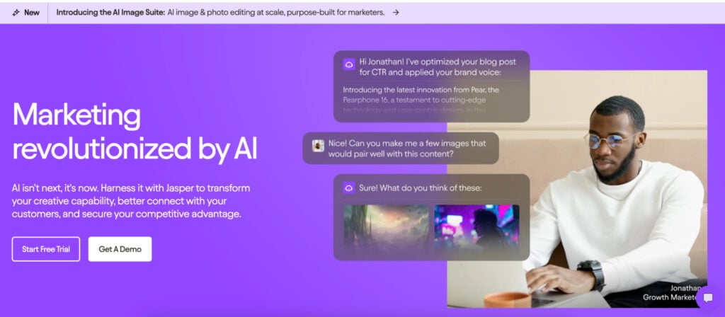 5 Best AI Essay Writer: Tools for High-Quality Writing 5 Jasper homepage featuring a marketing platform dashboard with navigation options
