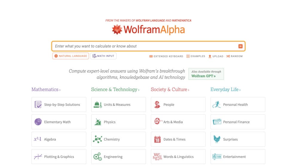 Die 7 besten AI-Tools für Studenten: Schreiben, Studieren und mehr 5 WolframAlpha Homepage