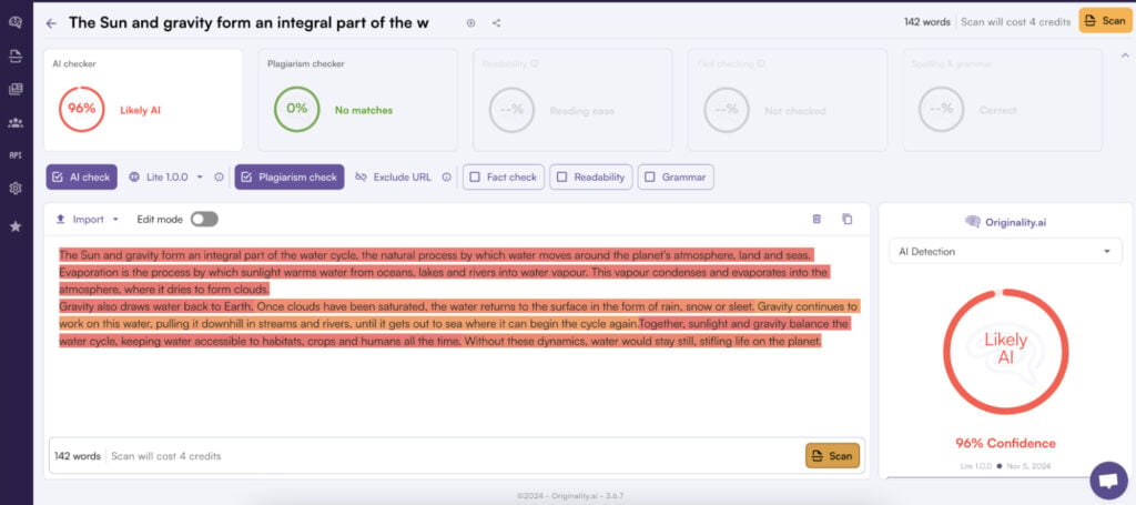 Originality AI flagged the content as 'Likely AI' with 96% confidence