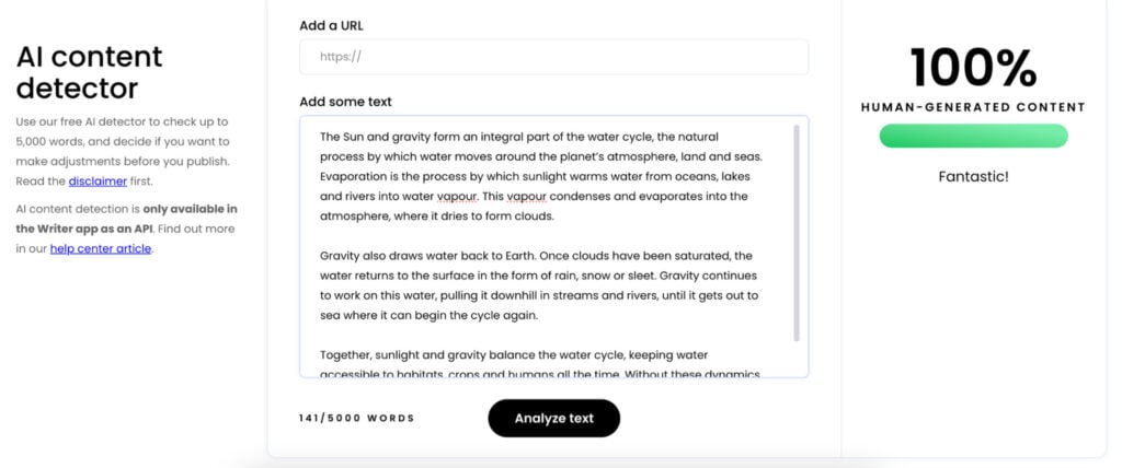 Writer flagged the content as '100% Human-Generated Content'
