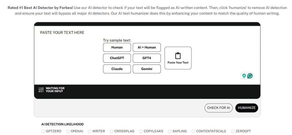 Screenshot of Undetectable AI’s interface showing the AI Detector and Humanizer tool