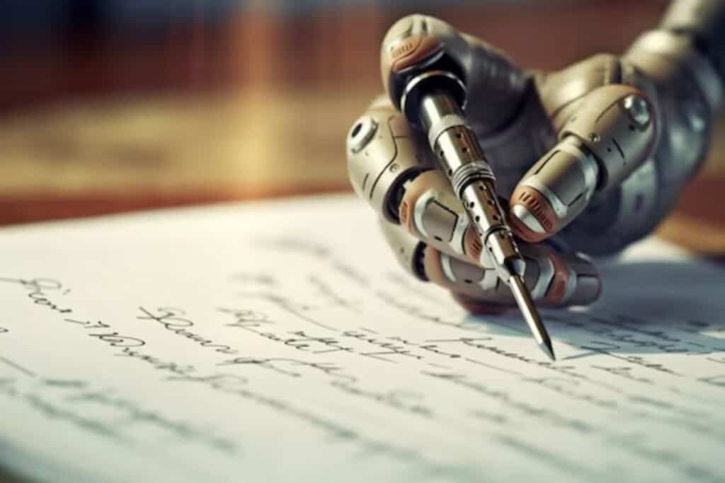 Imagem em close de uma mão robótica escrevendo em um pedaço de papel, usando seu dedo pontudo como caneta
