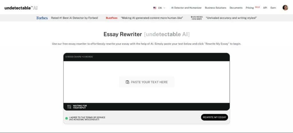 AI Essay Rewriter homepage undetectable ai