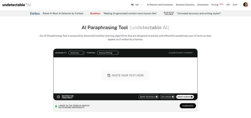 undetectable ai paraphraser homepage