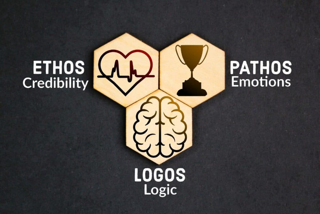 Hexagons with icons and the words credibility emotions