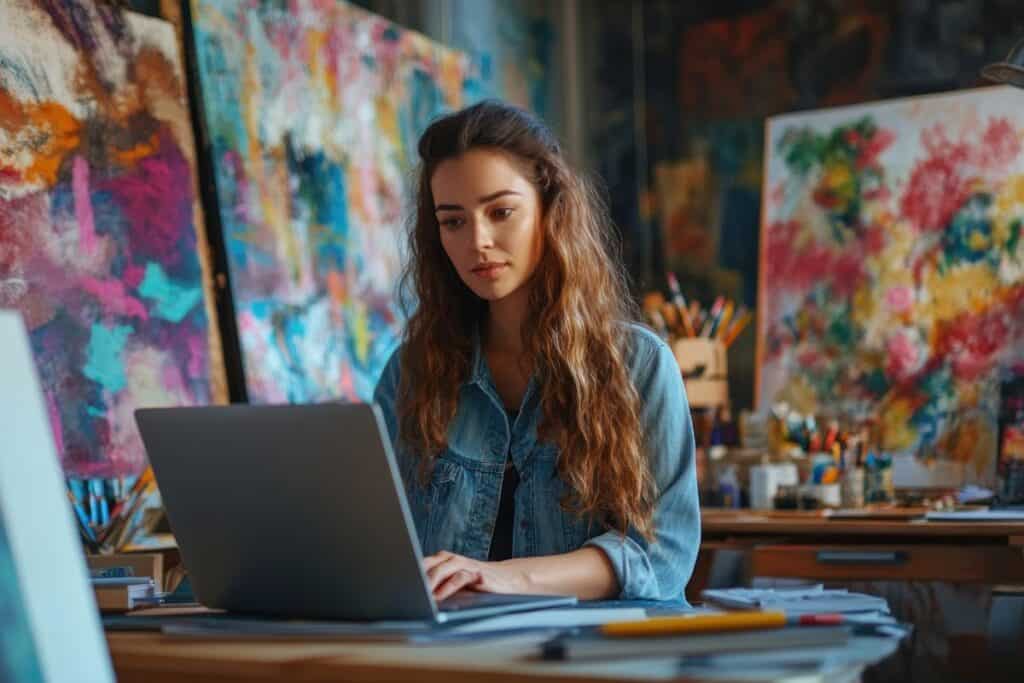 Comment rédiger une déclaration d'artiste percutante (avec des exemples) 4 Young woman artist using laptop in studio