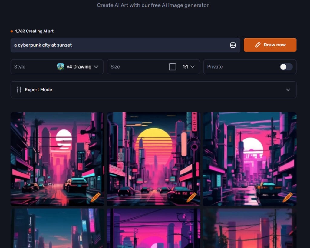 Comment fonctionne la génération d'images par l'IA ? L'art de l'IA expliqué 4 AI-generated artwork of a cyberpunk cityscape at sunset, featuring neon lights, futuristic skyscrapers, and a vibrant skyline.