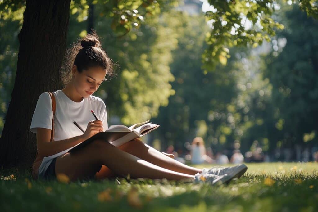 A young woman enjoys a sunny afternoon writing in a notebook