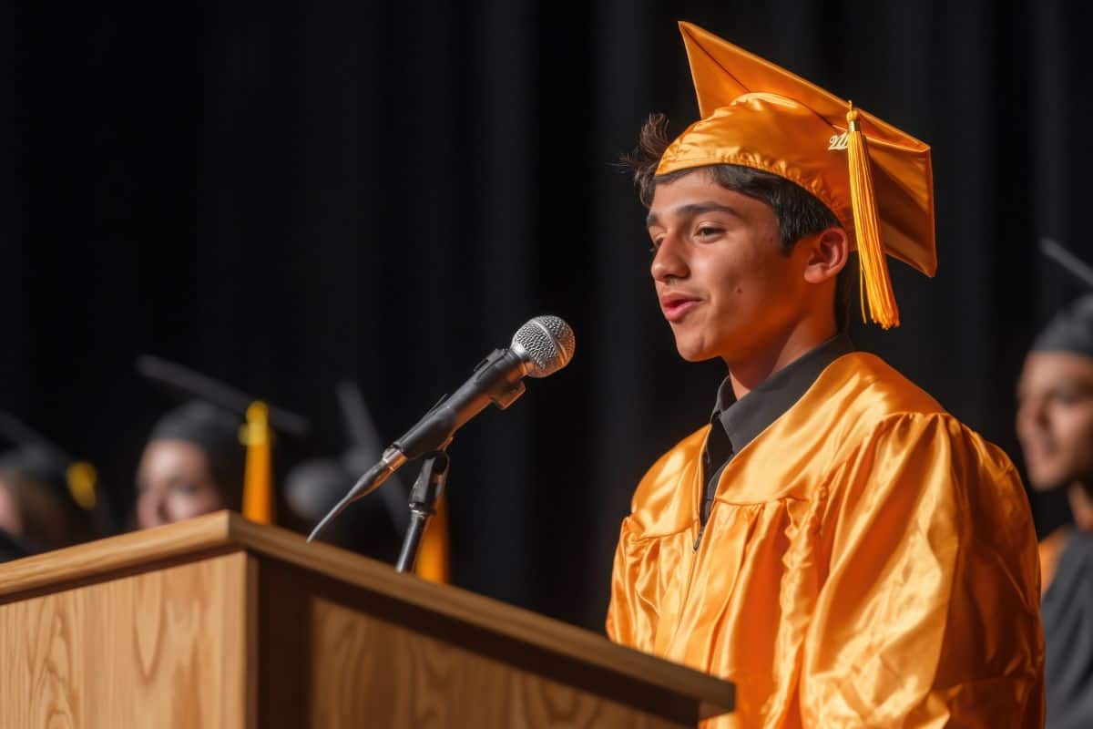 A young man in a graduation cap and gown standing at a podium