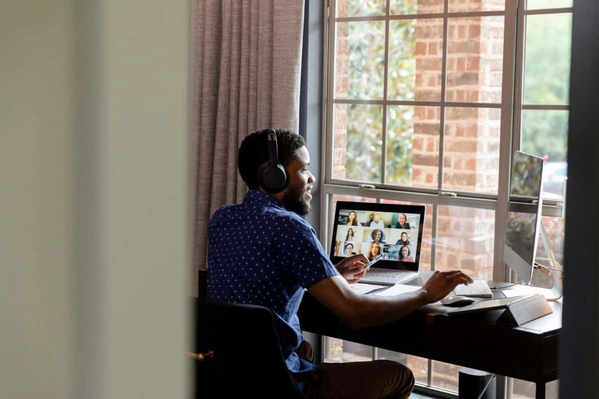 Business online video conference virtual meeting people background