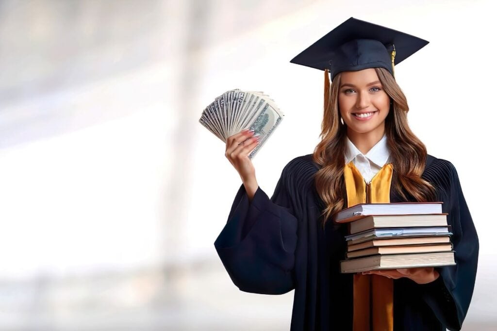 Portrait of a scholar holding books and money as a symbol
