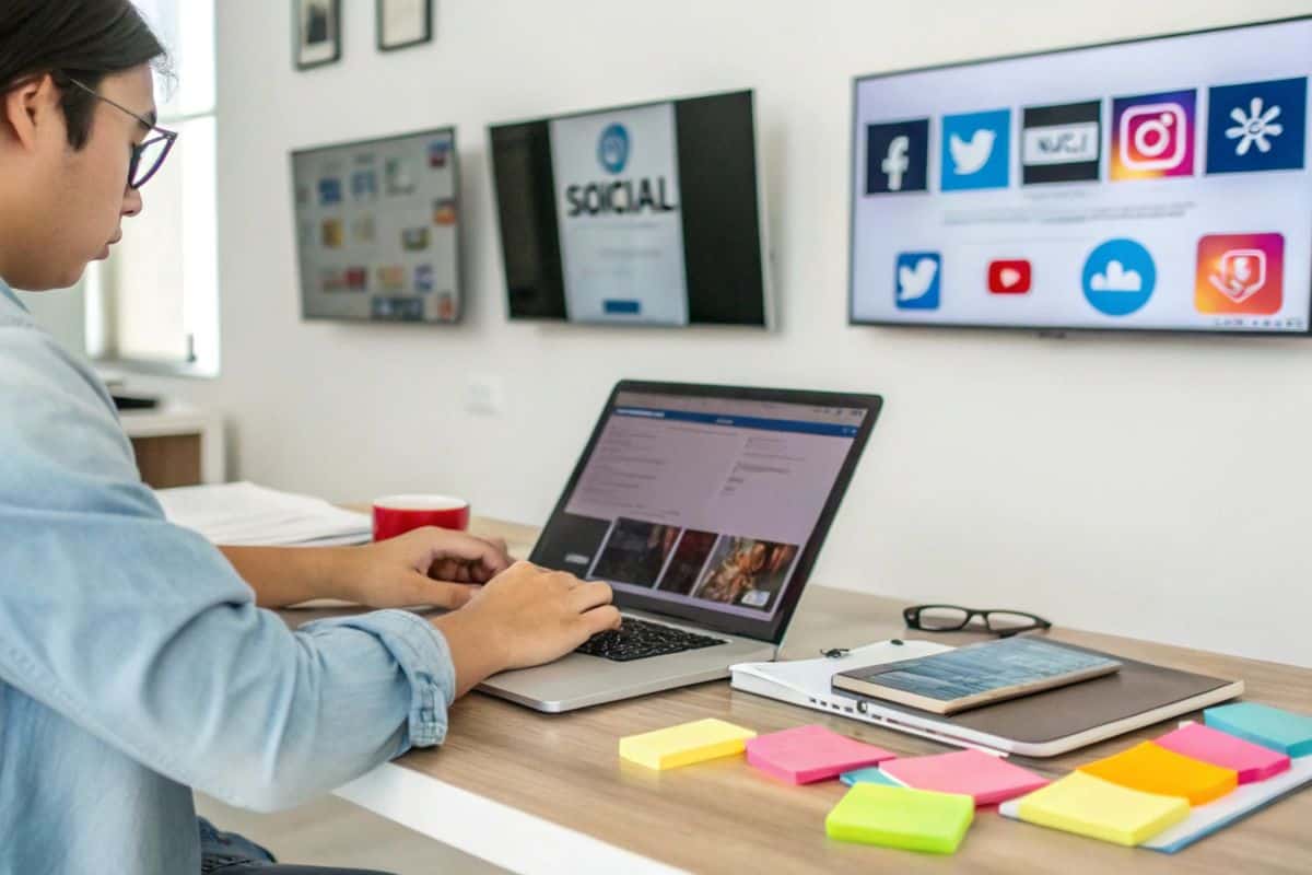 Man working on laptop in home office with social media icons on the screen