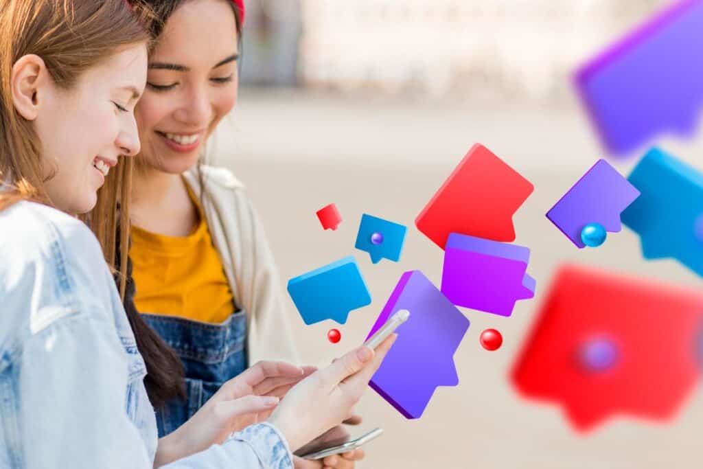 Teenager using smartphone device with social media symbols composition