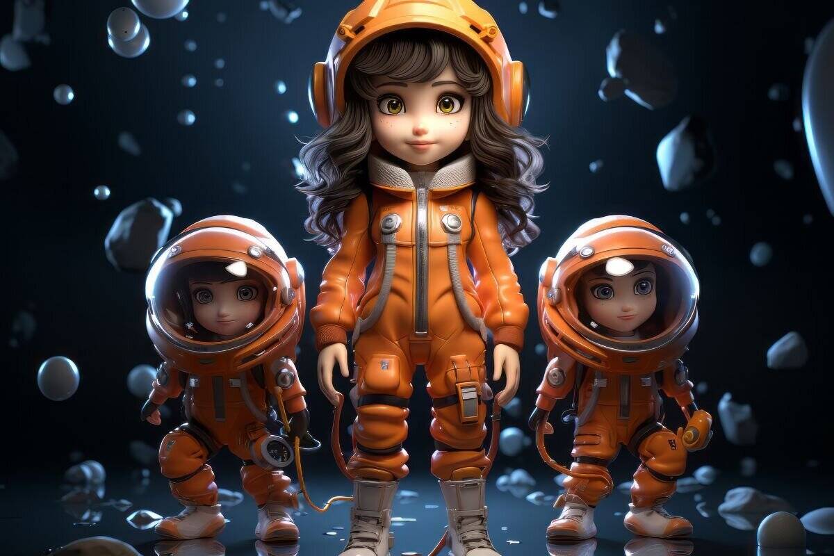 AI-generated image of three AI kid characters dressed in spaceship costumes