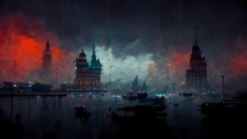 AI-generated image of a dark cityscape with towering