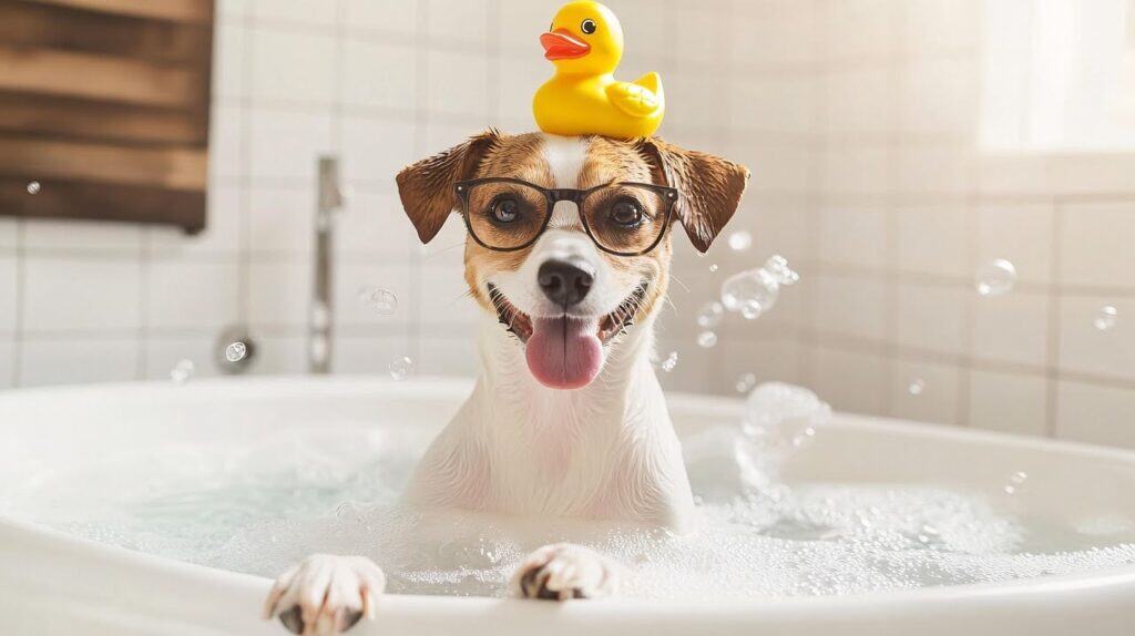 AI-generated image of a dog in a bathtub enjoying a bath