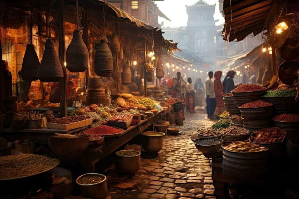 Various herbs and spices displayed at a market, showcasing colorful and aromatic ingredients