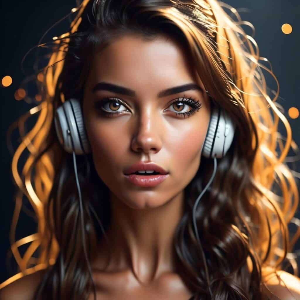 AI-generated image of a woman wearing headphones, enjoying music
