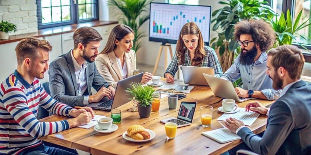 Group of people brainstorming ideas in a collaborative workspace