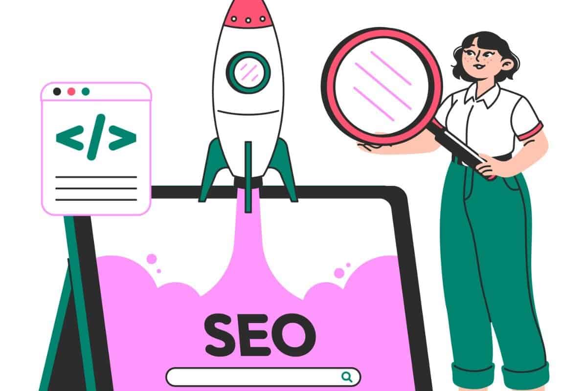 Illustration einer Frau mit SEO-Elementen, und SEO auf einem Tablet angezeigt