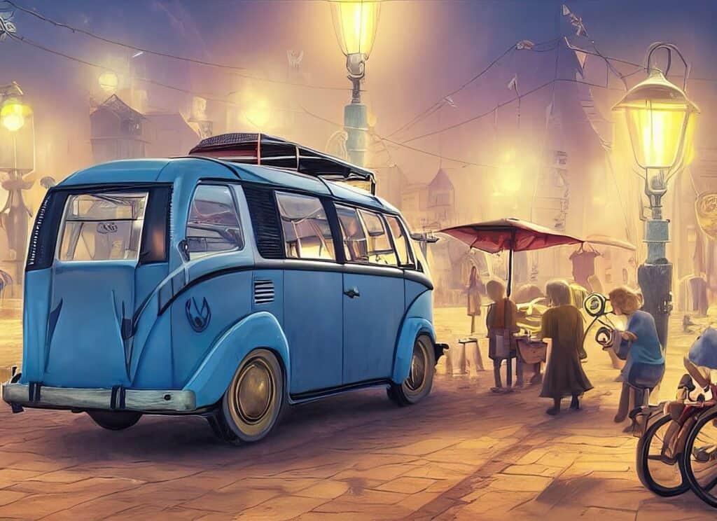 AI-generated image of a park scene featuring a retro car and children playing, capturing a nostalgic outdoor moment