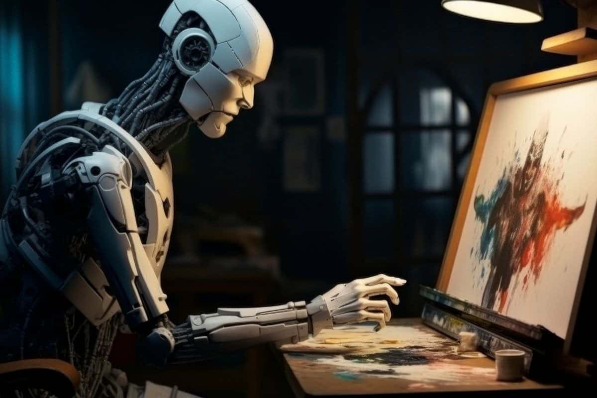 AI-generated image of a robot painting on a canvas