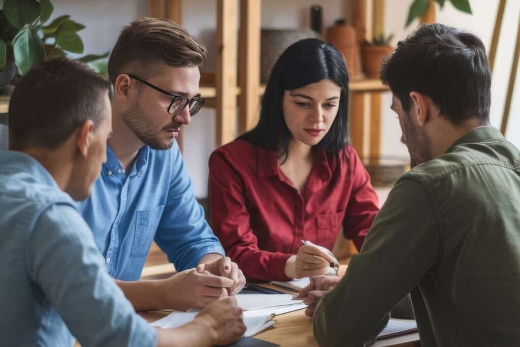 Colleagues working in cozy office medium shot